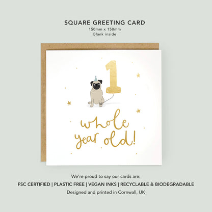 Gold foiled 1st birthday pug dog card by Abbie Imagine
