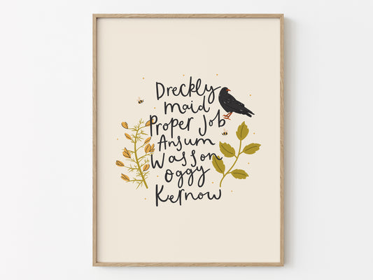Cornwall word print featuring cornish words and illustrations, such as dreckly, kernow, proper job and a cornish chough. By Abbie Imagine
