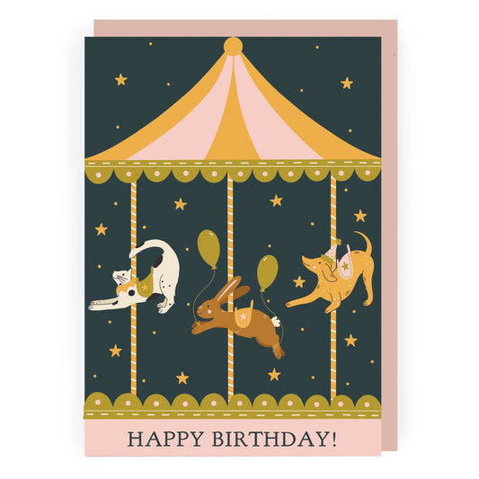 Cat, dog and rabbit carousel cute birthday card by Abbie Imagine