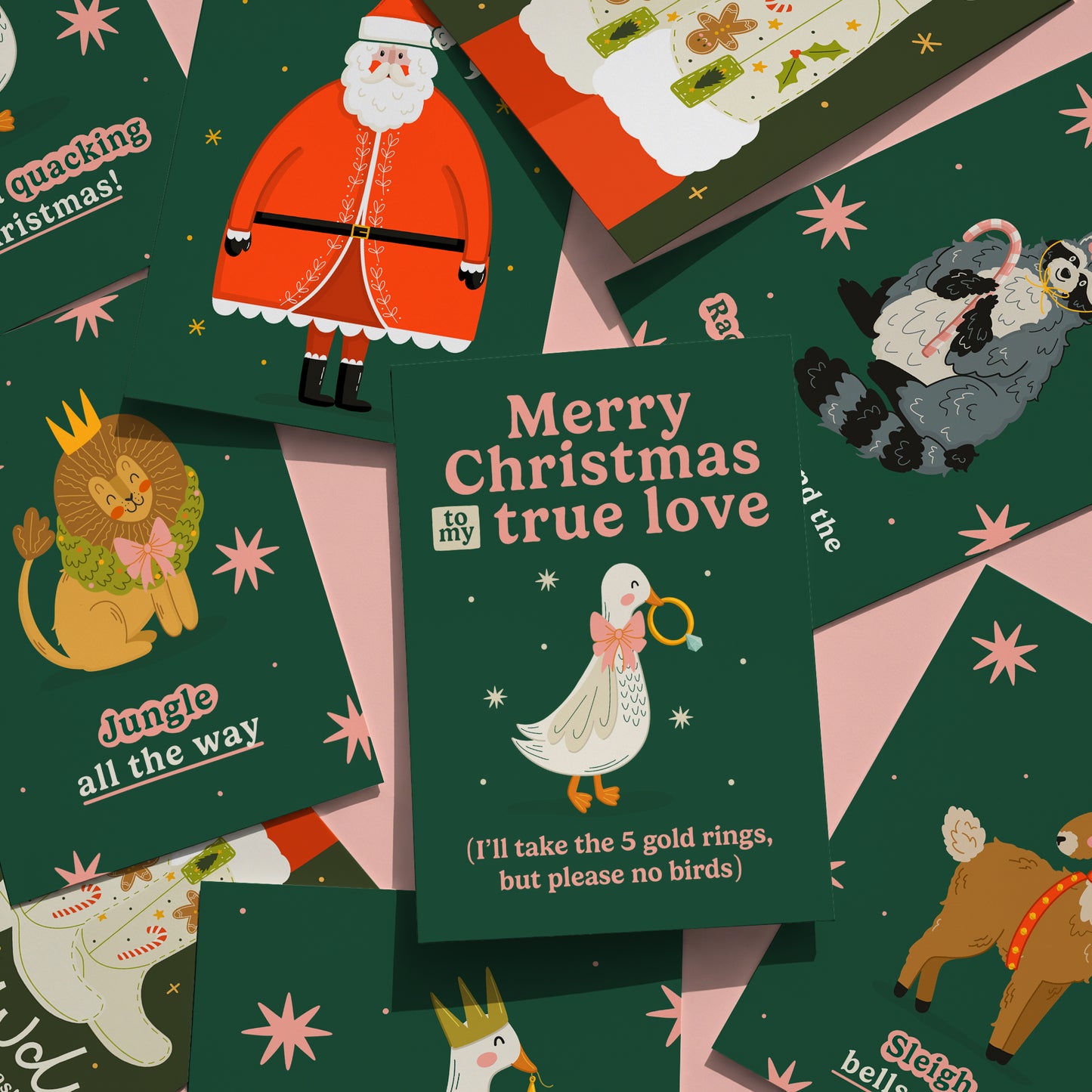 Collection of Christmas-themed greeting cards with various cute animal illustrations on a green background.