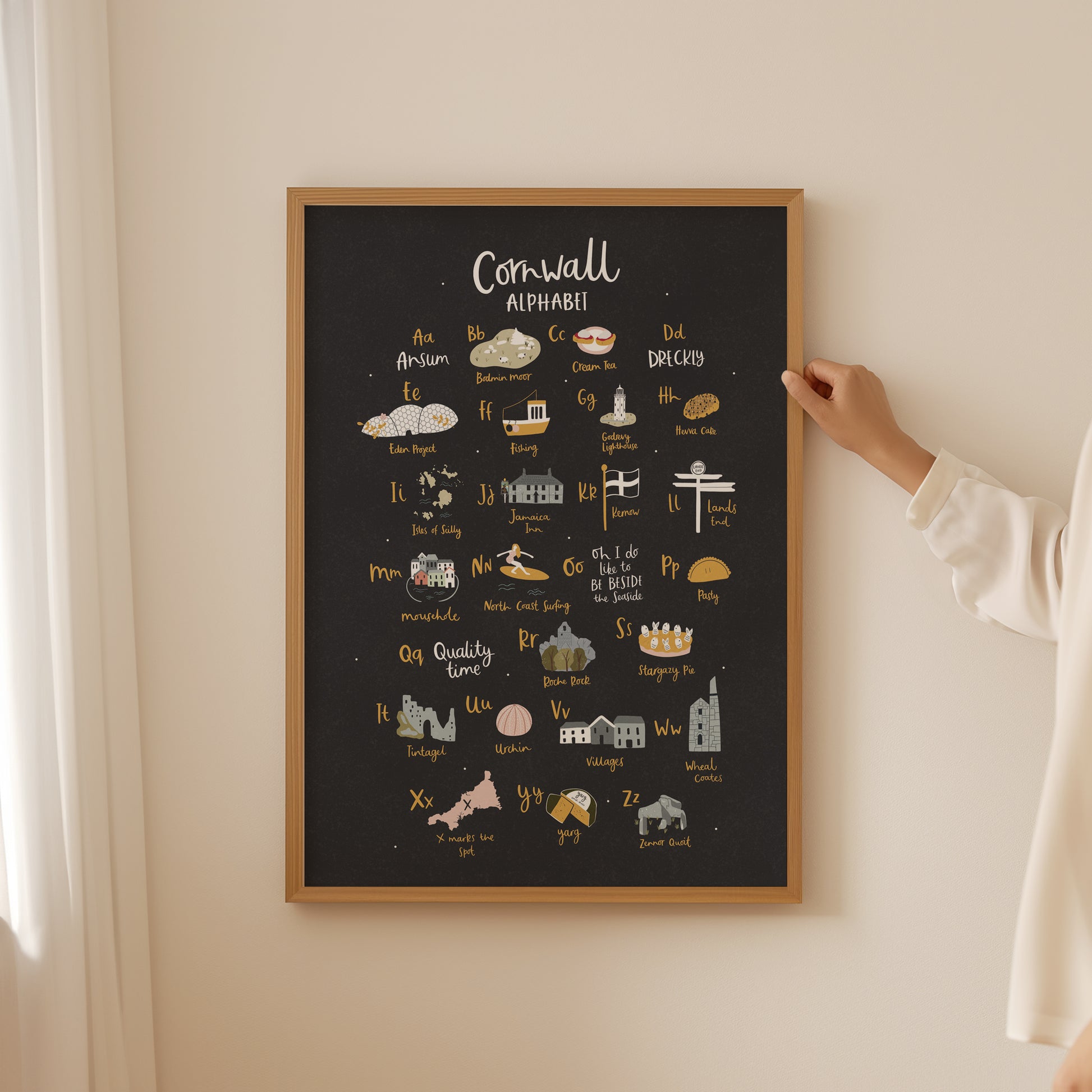 Cornwall alphabet print by Abbie Imagine. Featuring illustrations from A-z of famous things to do with Cornwall, such as a pasty and a cream tea!