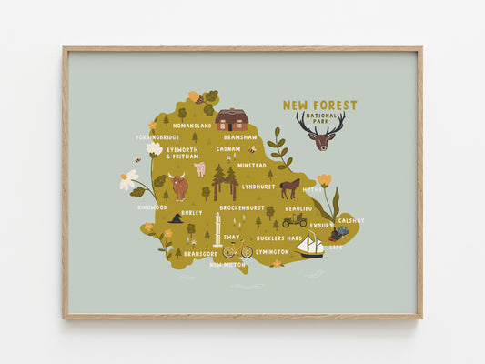 Illustrated map of the New Forest by Abbie Imagine including Brockenhurst, Lymington, Beaulieu, Burley, Exbury and Lepe