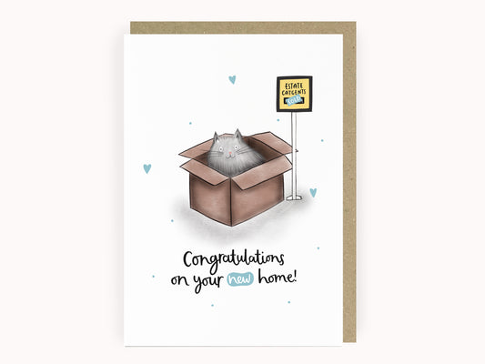 Funny cat in a box new home card by Abbie Imagine