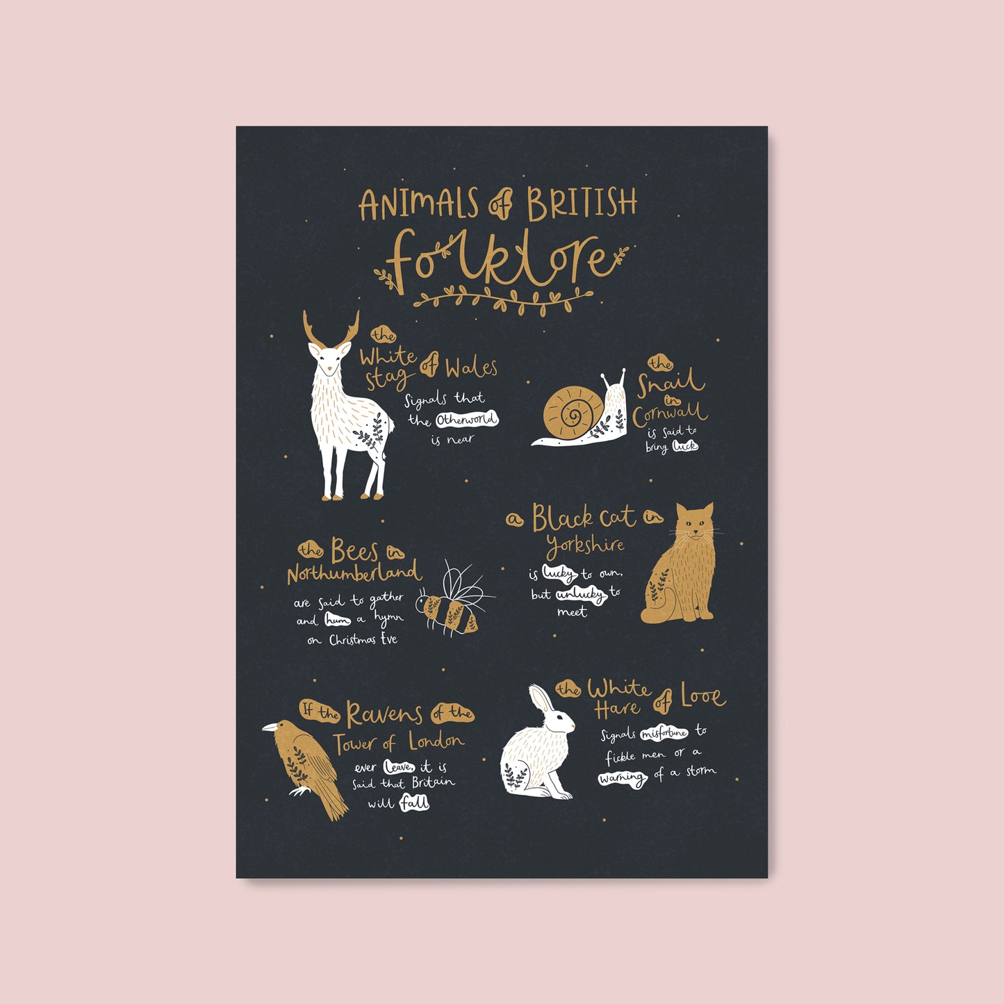 Animals of british folklore illustrated print by Abbie Imagine featuring a white stag, snail, black cat. bees, ravens and the white hare.