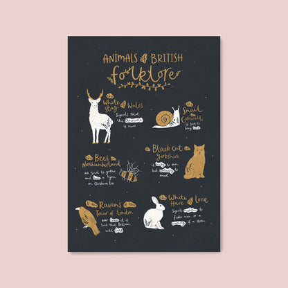 Animals of british folklore illustrated print by Abbie Imagine featuring a white stag, snail, black cat. bees, ravens and the white hare.