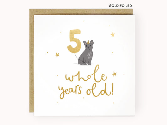 Gold foiled 5th birthday cocker frenchie card by Abbie Imagine