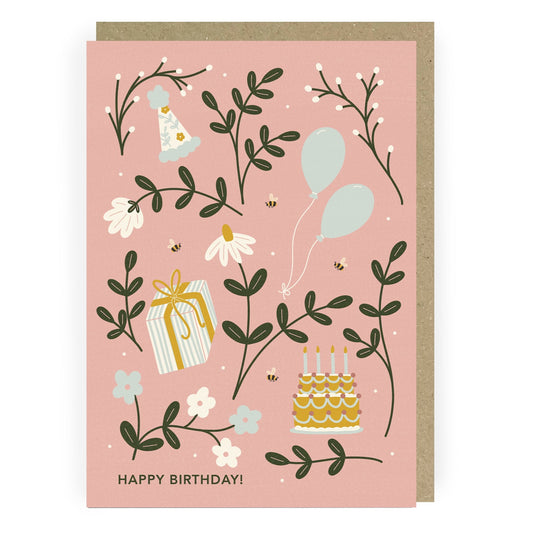 Pretty in pink birthday card with balloons, bees and a birthday hat- by Abbie Imagine