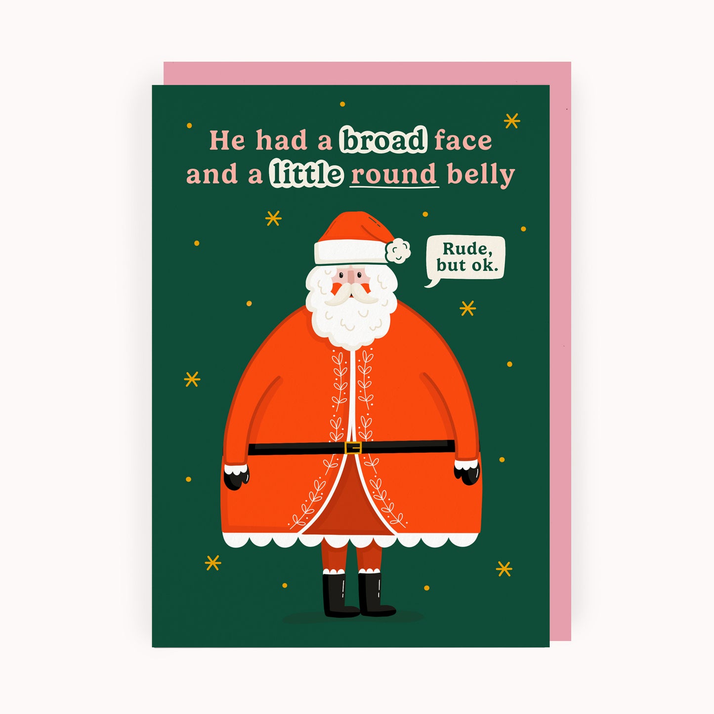 Christmas card with Santa Claus illustration and humorous text on a green background