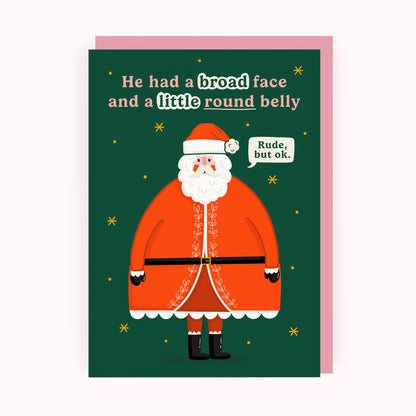 Christmas card with Santa Claus illustration and humorous text on a green background