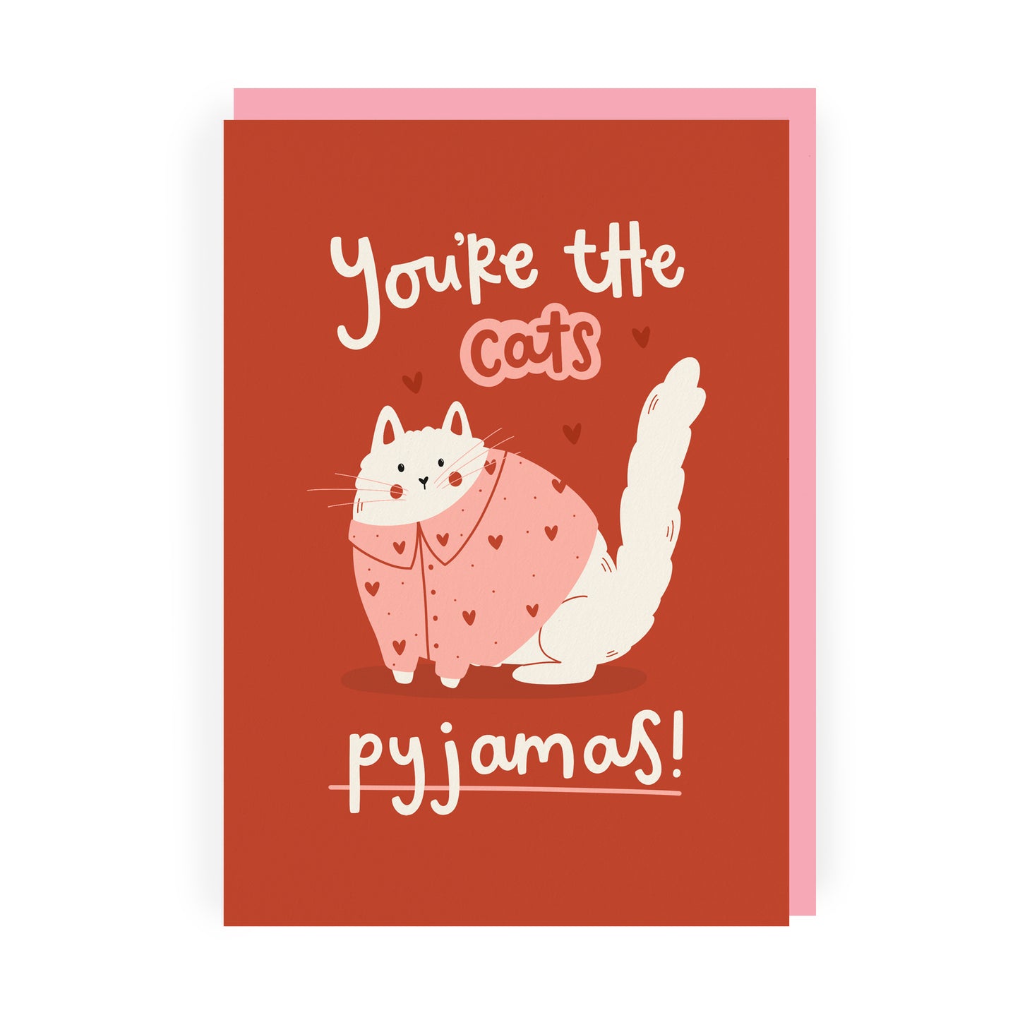 Valentine's Day card with a red background and illustrated cat. Text reads 'you're the cats pyjamas!'. By Abbie Imagine