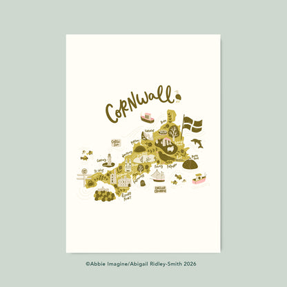 Unique illustrated map of Cornwall, coloured in green with pink details and hand lettered. Portrait orientation.