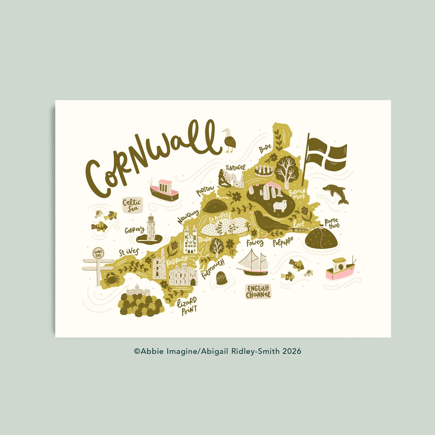 Unique illustrated map of Cornwall, coloured in green with pink details and hand lettered. Landscape orientation.