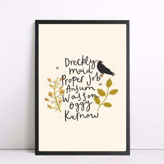 Cornwall word print featuring cornish words and illustrations, such as dreckly, kernow, proper job and a cornish chough. By Abbie Imagine