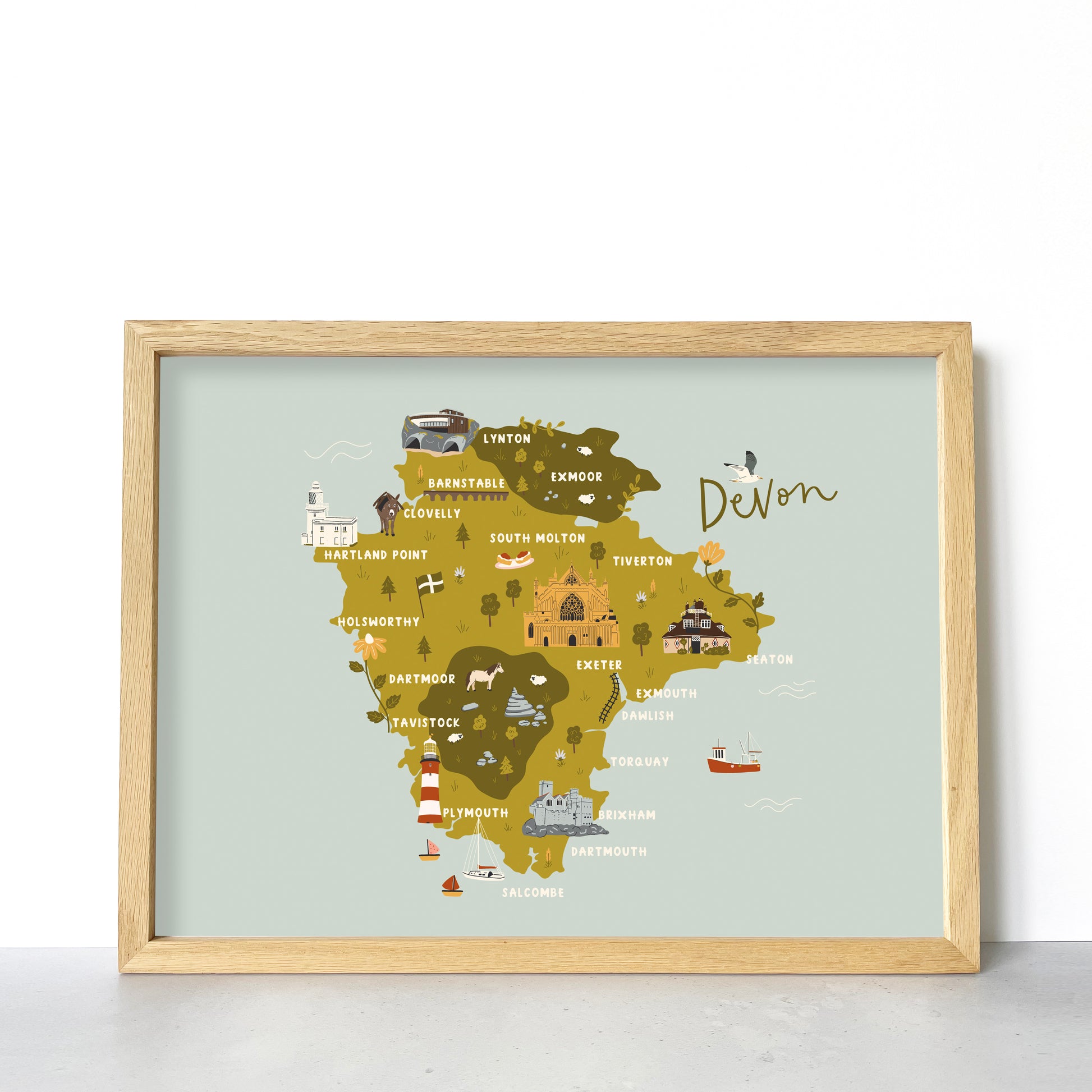 Illustrated map of Devon, featuring Plymouth, Dartmoor, Salcombe, Exeter, Exmoor and Clovelly, by Abbie Imagine