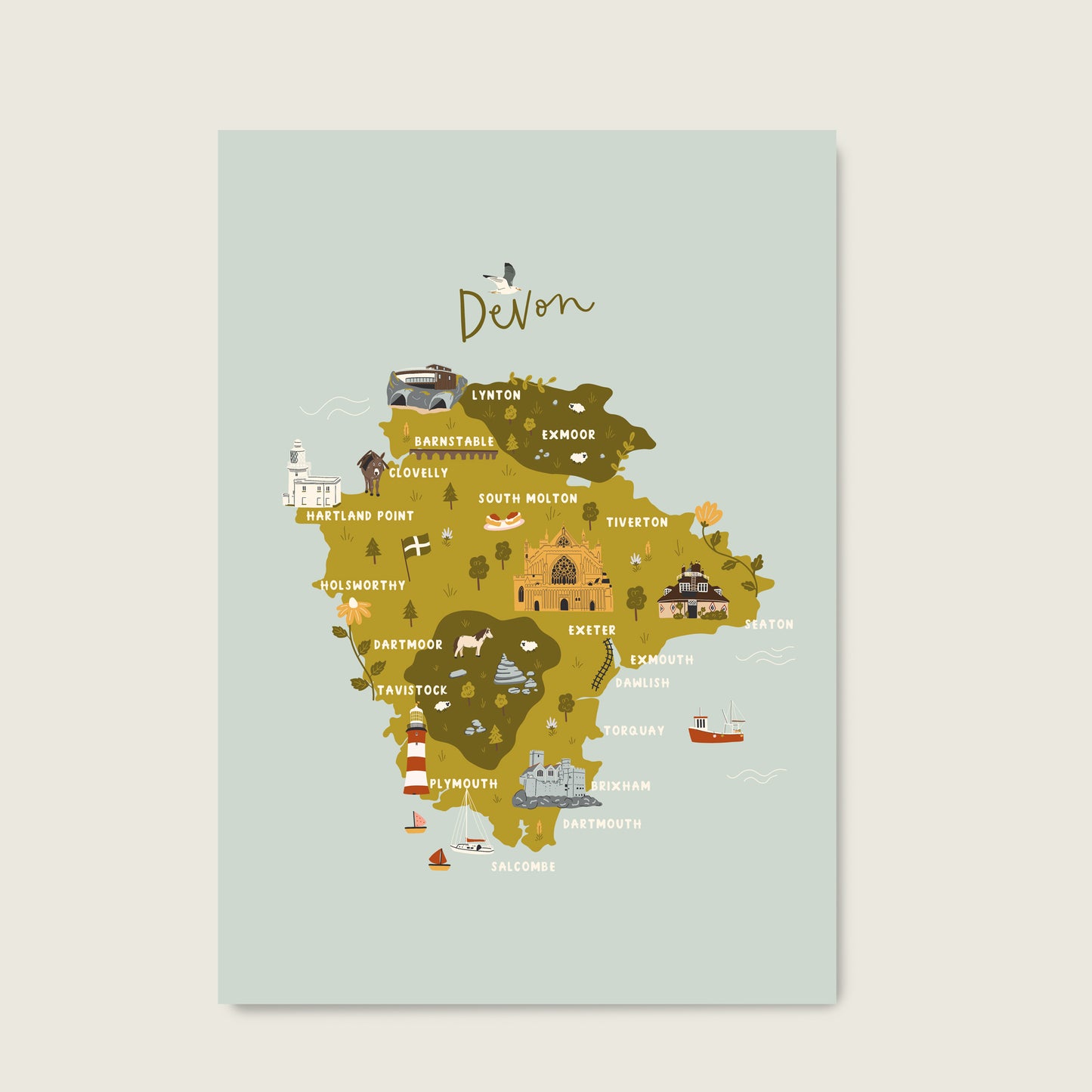 Illustrated map of Devon, featuring Plymouth, Dartmoor, Salcombe, Exeter, Exmoor and Clovelly, by Abbie Imagine