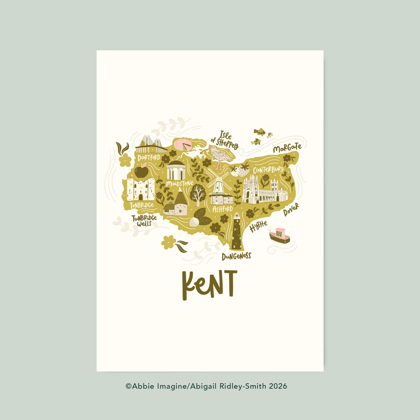A uniquely illustrated map of Kent, featuring Dungeness, Tunbridge Wells and Canterbury. Coloured in greens with pink details.