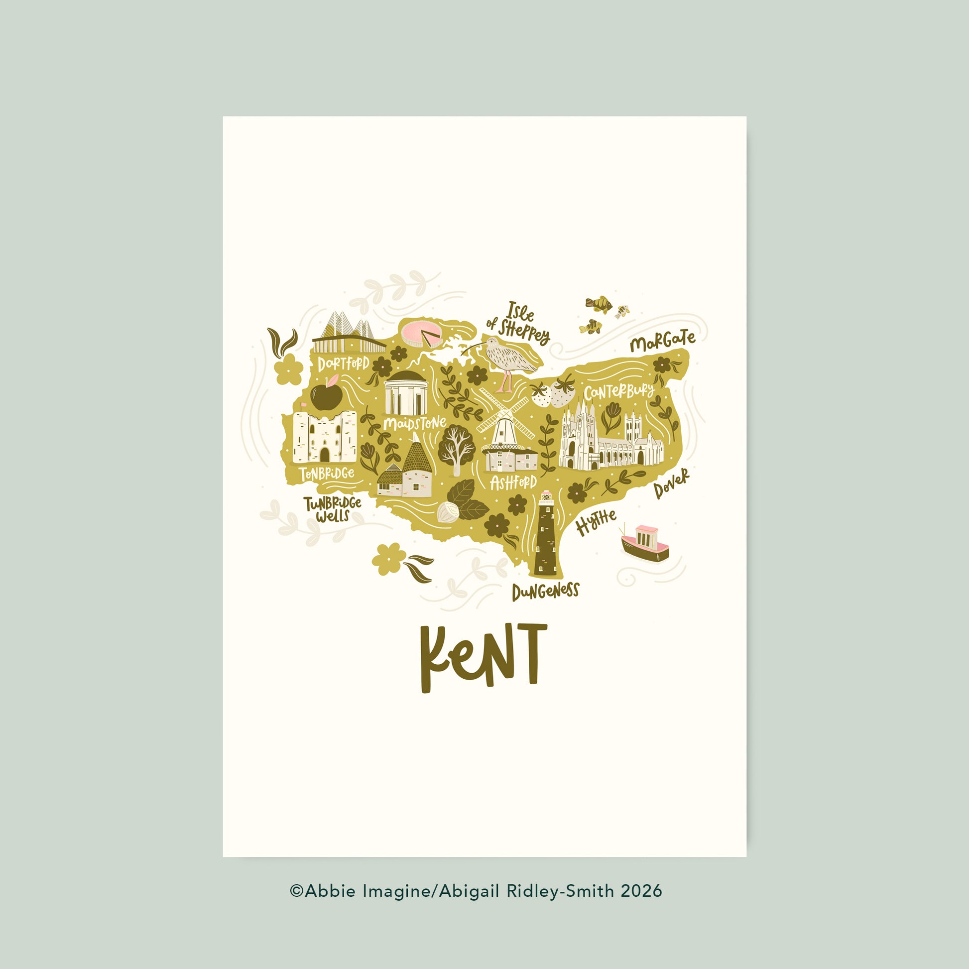 A uniquely illustrated map of Kent, featuring Dungeness, Tunbridge Wells and Canterbury. Coloured in greens with pink details.