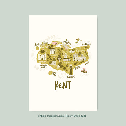 A uniquely illustrated map of Kent, featuring Dungeness, Tunbridge Wells and Canterbury. Coloured in greens with pink details.