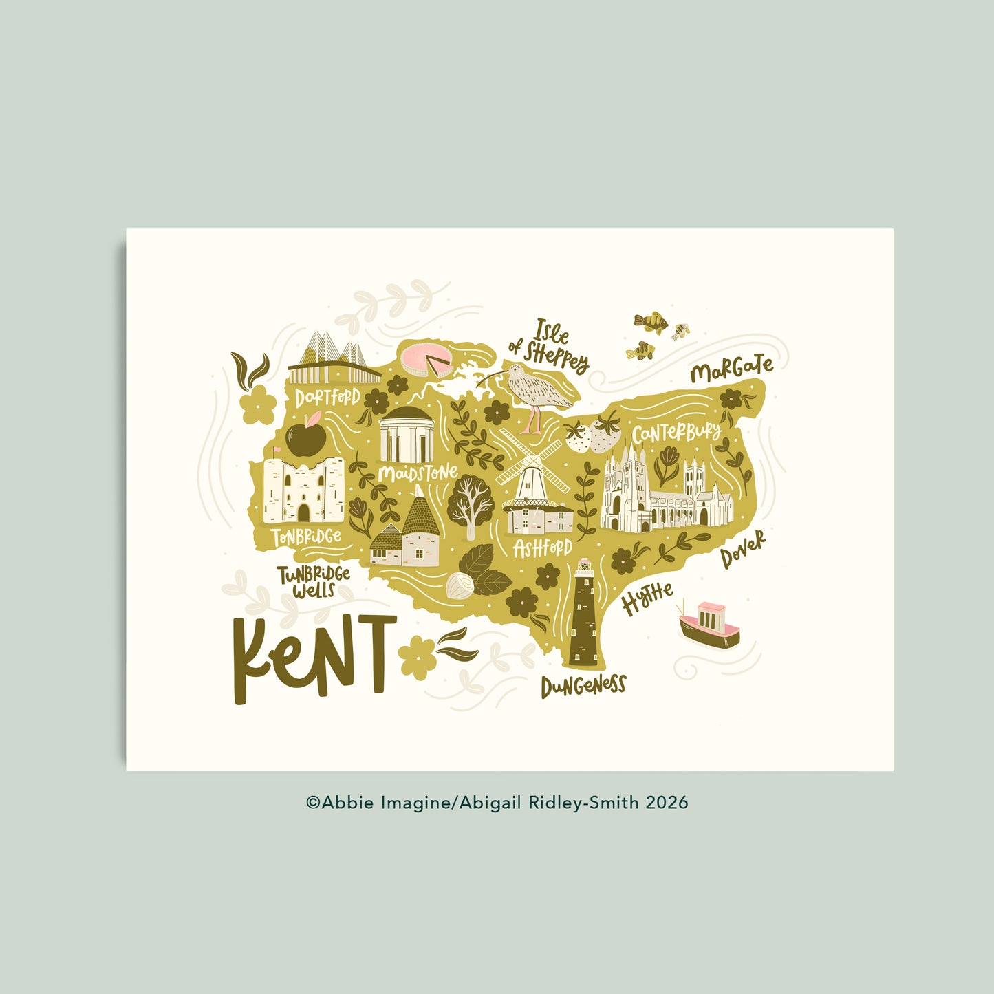 A uniquely illustrated map of Kent, featuring Dungeness, Tunbridge Wells and Canterbury. Coloured in greens with pink details
