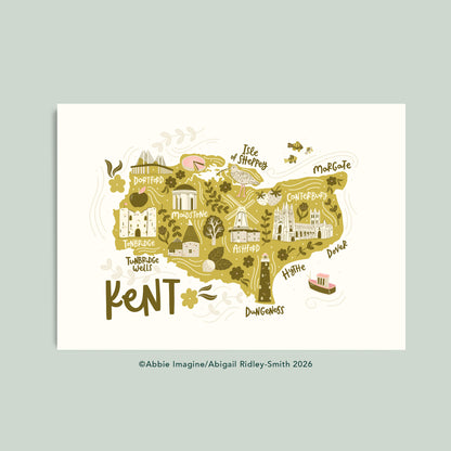A uniquely illustrated map of Kent, featuring Dungeness, Tunbridge Wells and Canterbury. Coloured in greens with pink details
