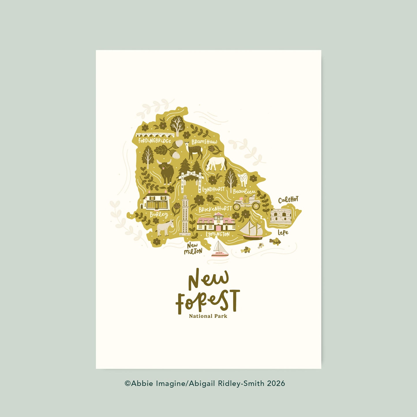 A uniquely illustrated map of the New Forest, featuring Brockenhurst, Lymington and Burley. Coloured in greens with pink details.