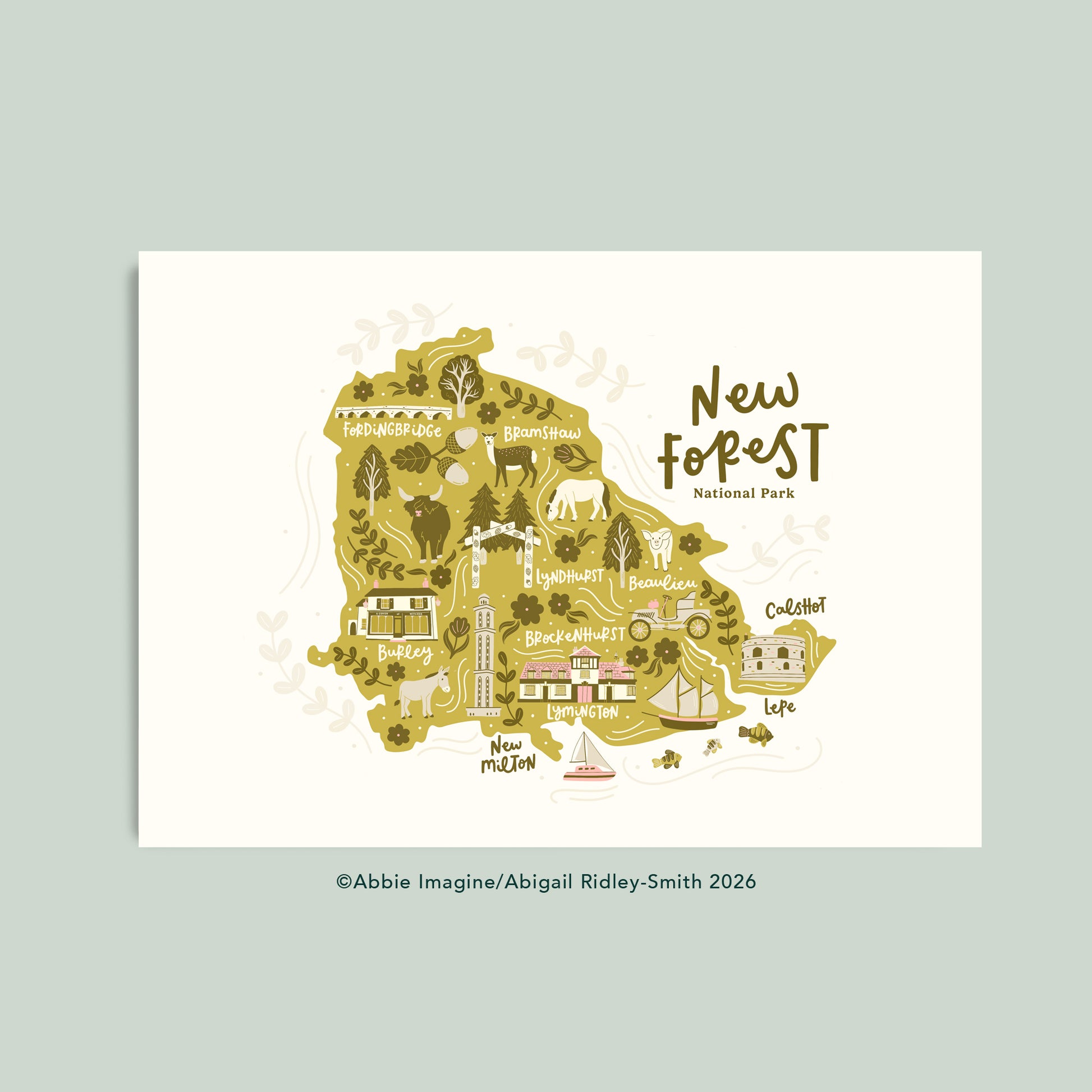 A uniquely illustrated map of the New Forest, featuring Brockenhurst, Lymington and Burley. Coloured in greens with pink details.