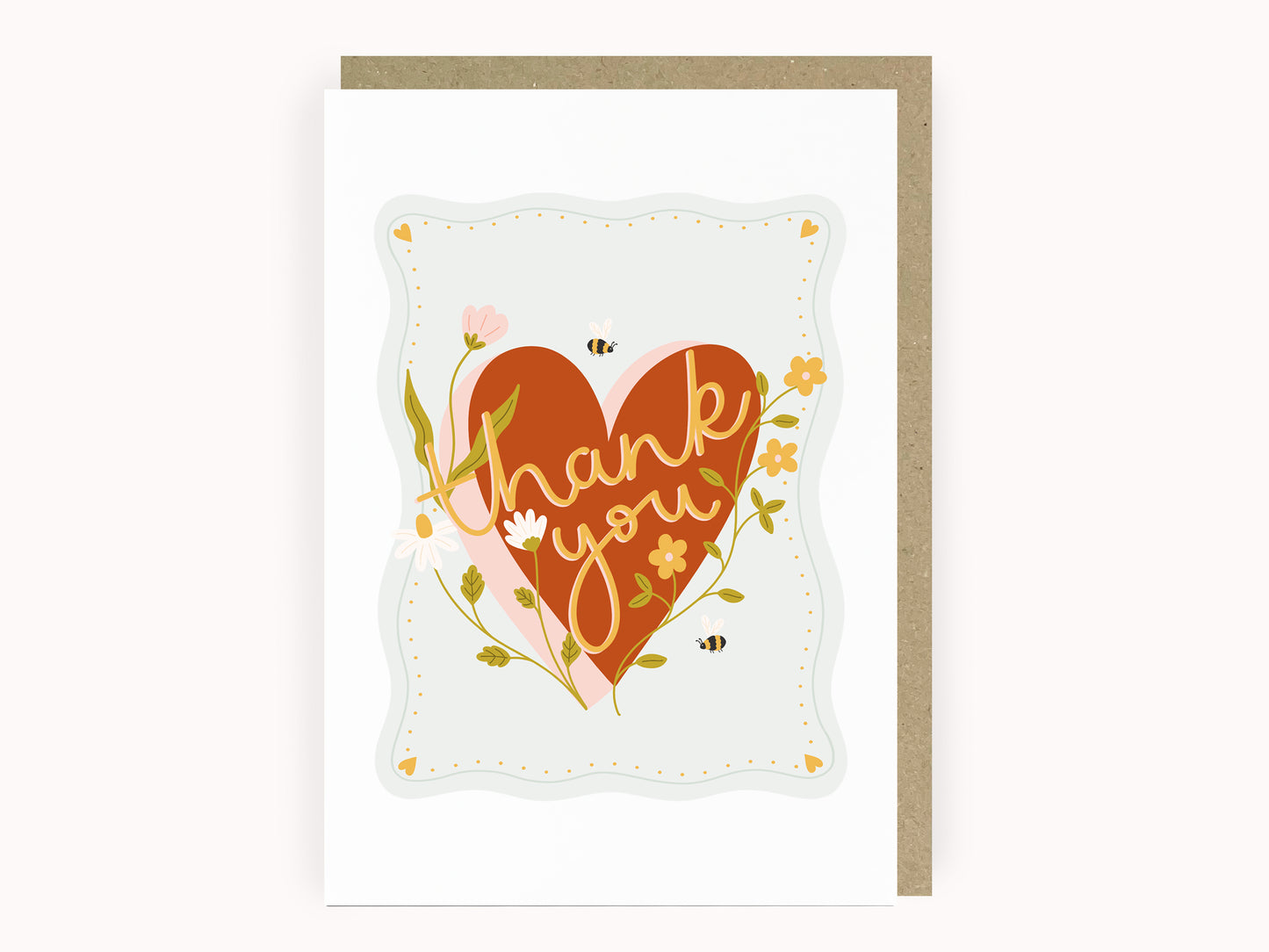 Thank you card with illustrated bees, a heart and florals, by Abbie Imagine