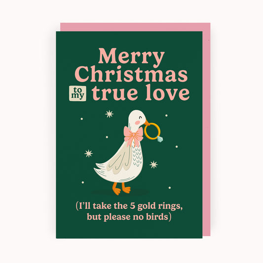 Christmas card with a goose holding a gold ring and funny text on a green background