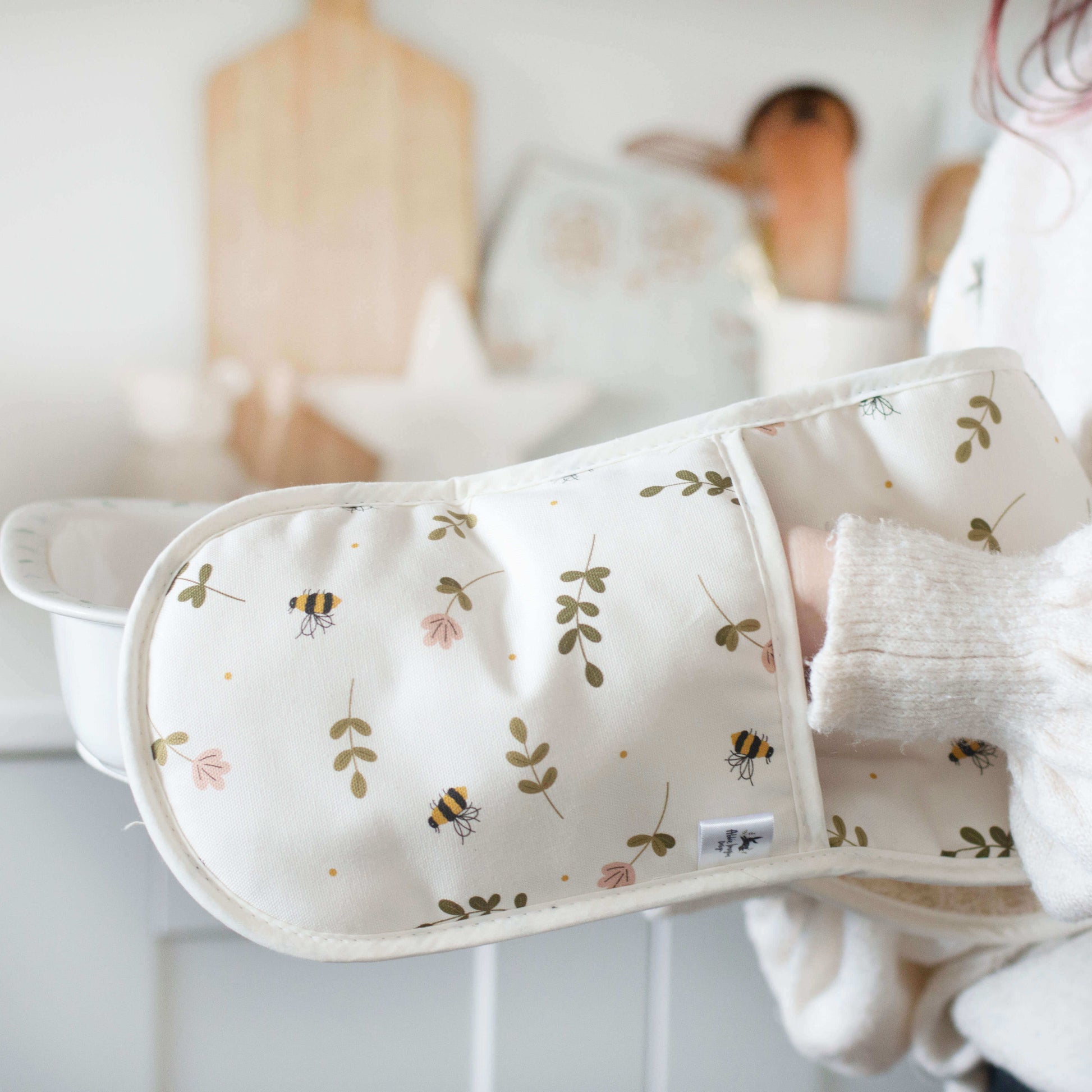 Bees and flowers double oven gloves by Abbie Imagine