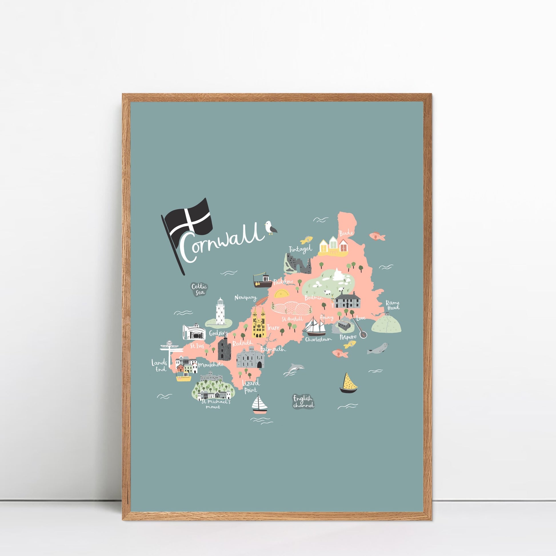Illustrated Cornwall Map Print by Abbie Imagine. Featuring Looe, Mousehole and St Ives
