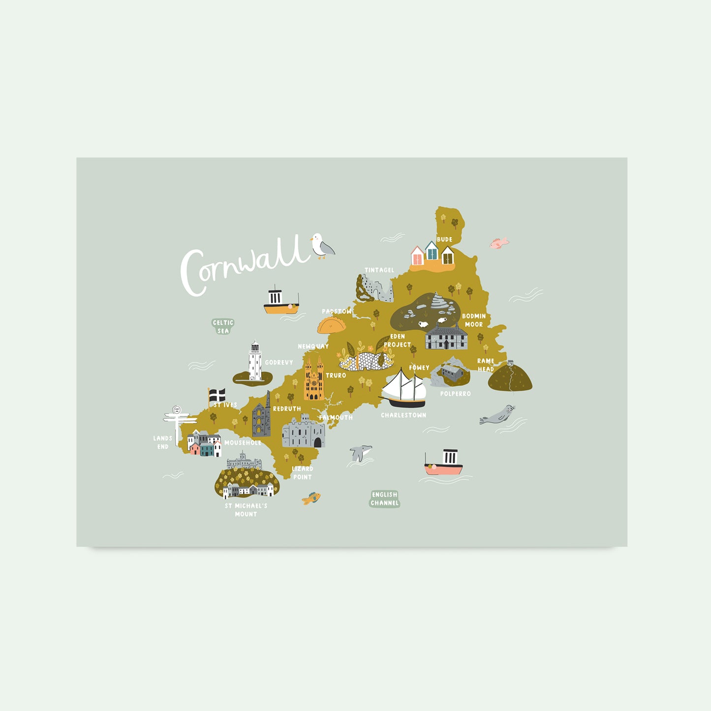 Illustrated map print of Cornwall by Abbie Imagine, including Polperro, Rame Head, Tintagel, Padstow, Cornish Pasties, Lands End and Mousehole