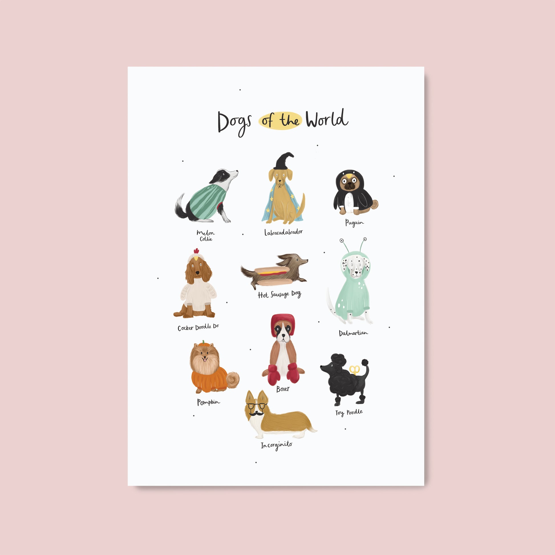 Dogs of the world children's art print featuring illustrations of dog puns by Abbie Imagine