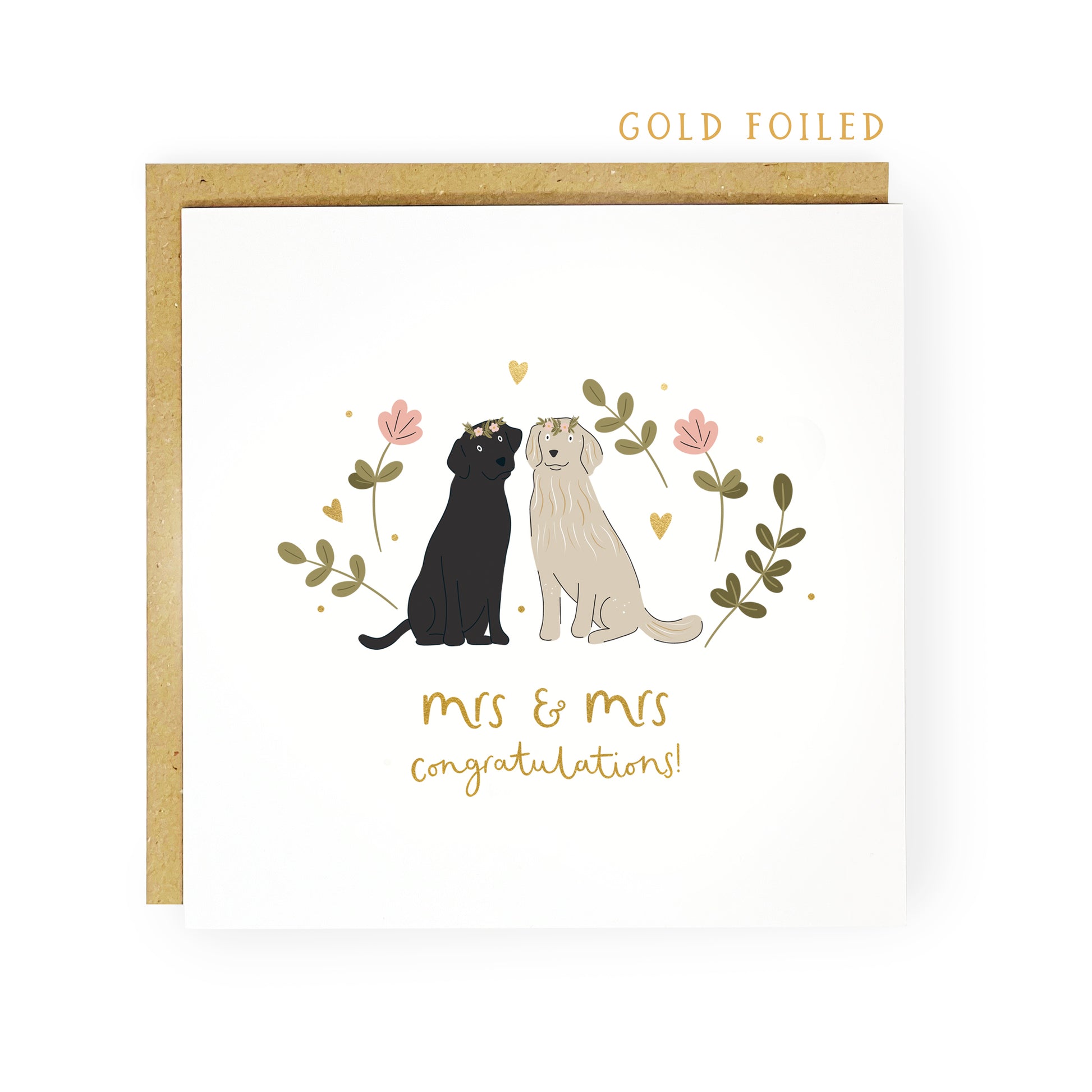 Mrs and Mrs dog wedding engagement card by abbie imagine featuring labrador and golden retriever 
