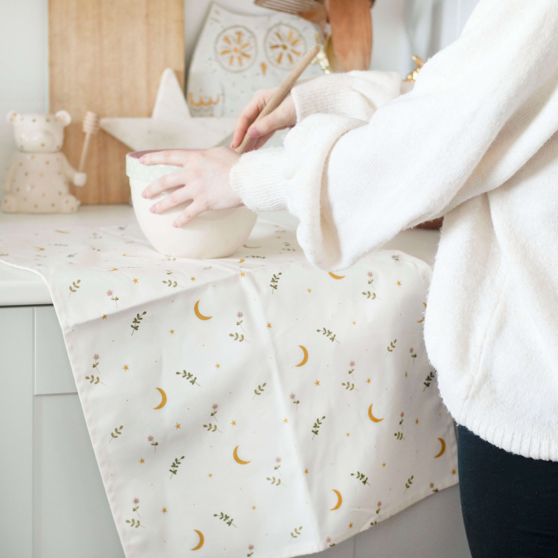 Moons and stars celestial pattern tea towel by Abbie Imagine